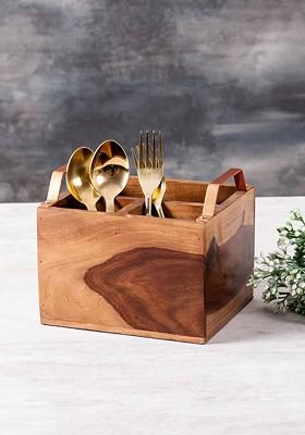 Brown Wooden Cutlery Holder With Iron Handle