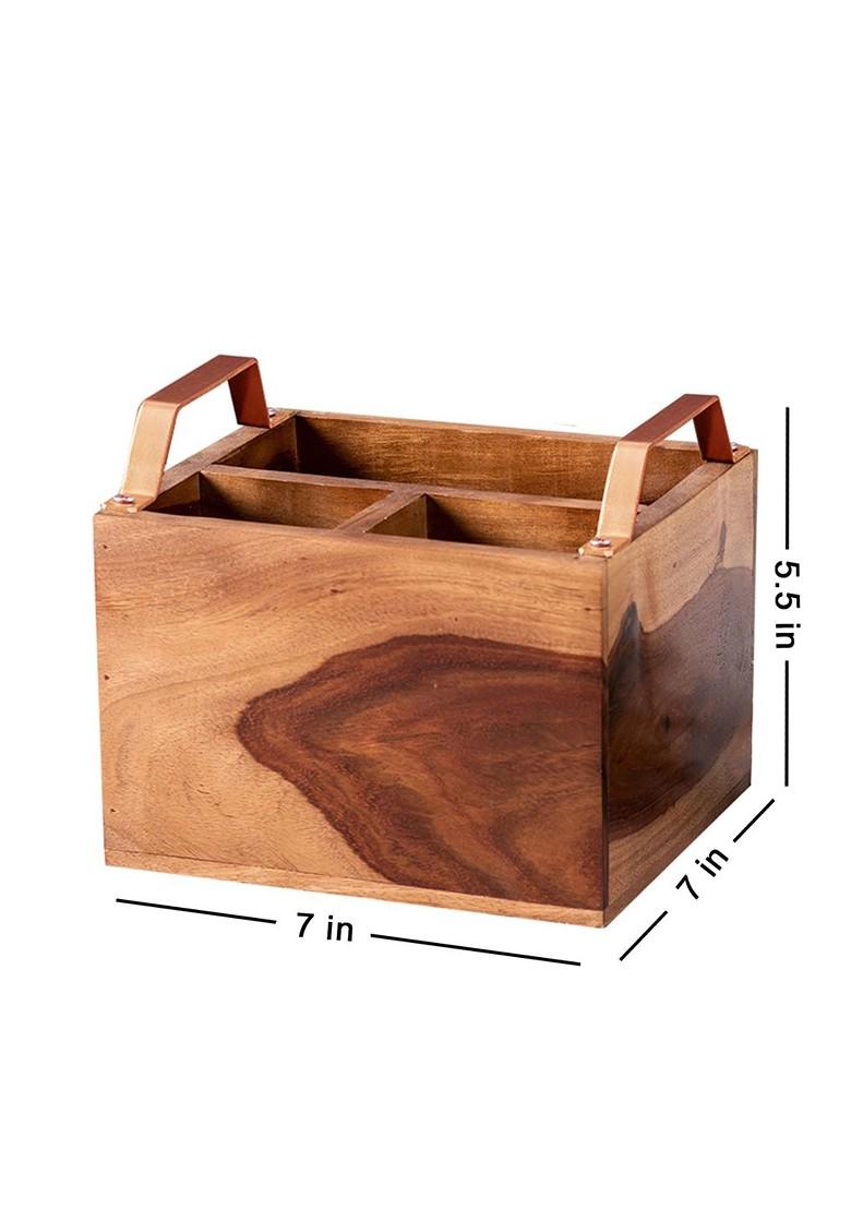 Brown Wooden Cutlery Holder With Iron Handle