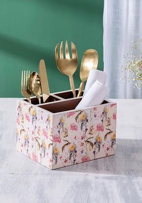 Pink And White Printed Wooden Cutlery Holder