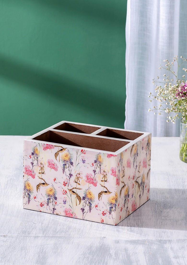 Pink And White Printed Wooden Cutlery Holder