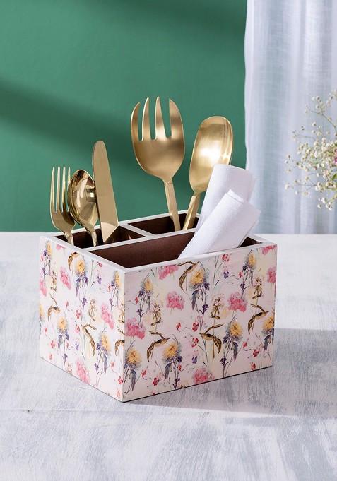 Pink And White Printed Wooden Cutlery Holder