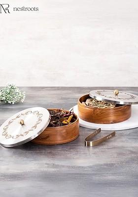 Brown 2 Pcs Wooden Serving Collections Spice Masala Box And Casserole Chapati Box