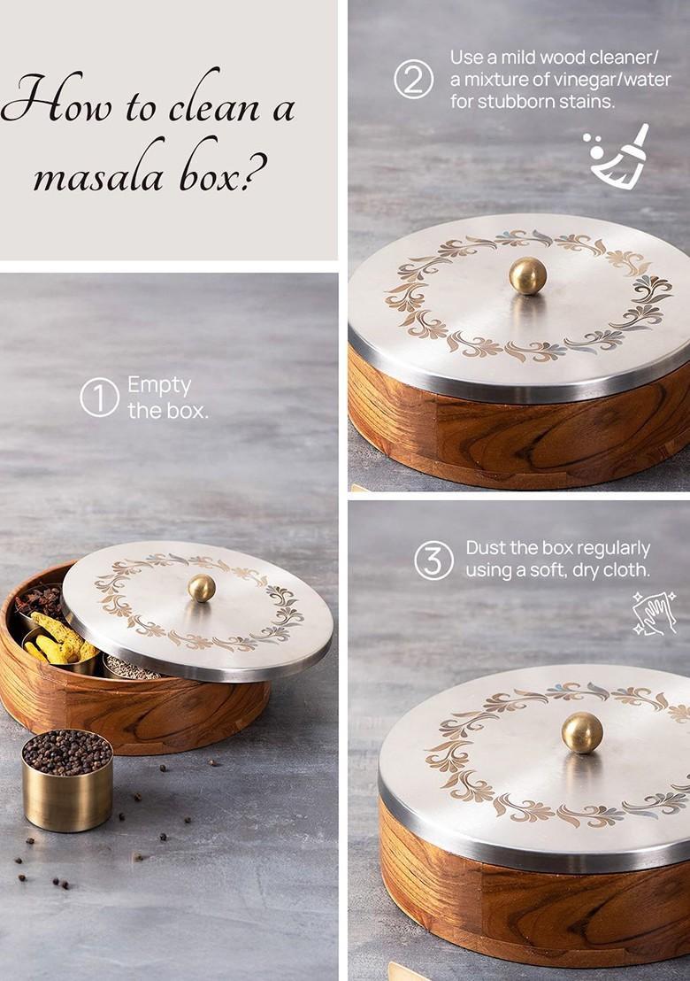 Brown 2 Pcs Wooden Serving Collections Spice Masala Box And Casserole Chapati Box