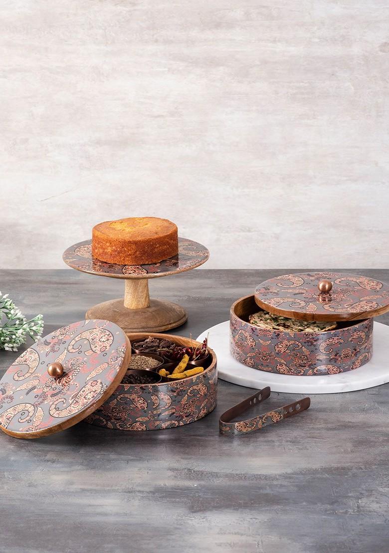 Grey And Brown 3 Pieces Wooden Serving Collections