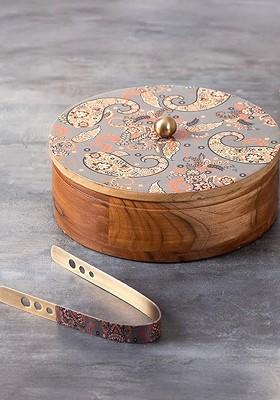 Grey And Brown 2 Pcs Printed Chapatti Box With Tong