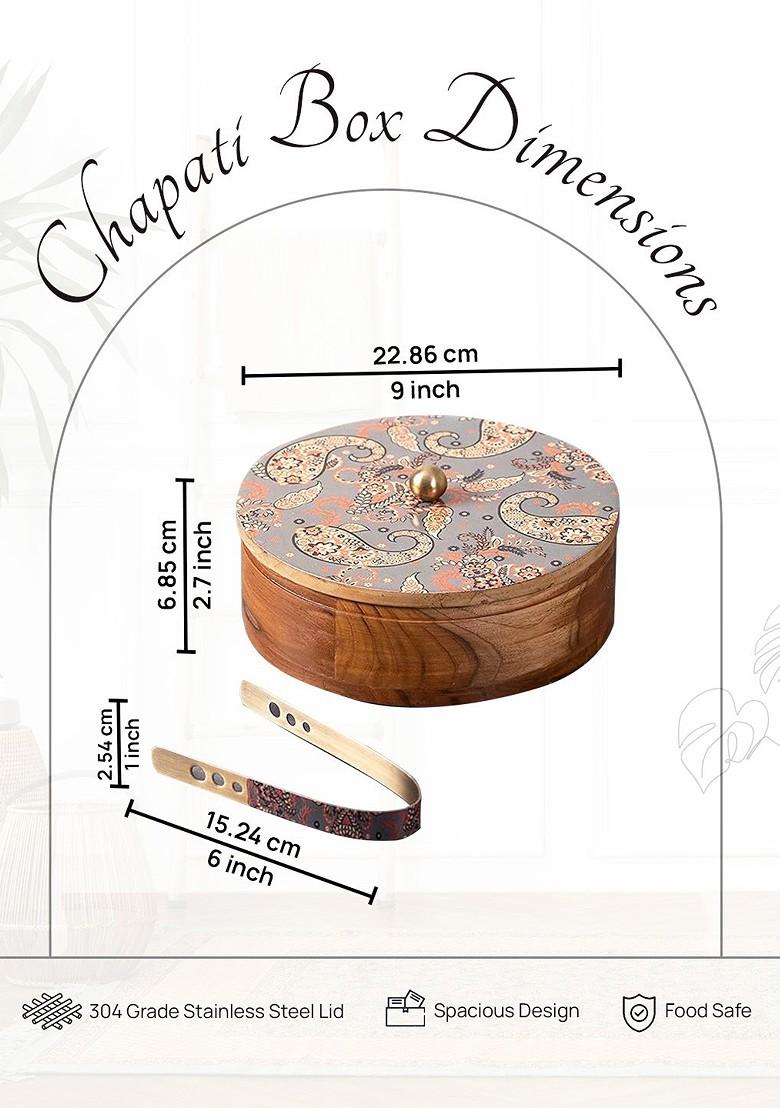 Grey And Brown 2 Pcs Printed Chapatti Box With Tong