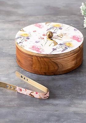 White And Pink 2 Pcs Floral Printed Casserole Box With Tong