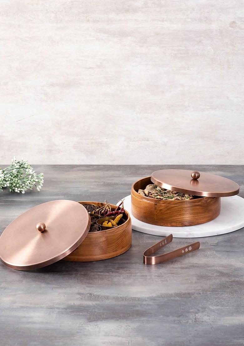 Wooden Brown And Copper Toned 3 Pcs Serving Collections