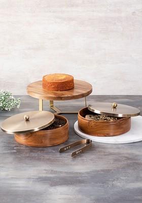 Wooden Brown And Gold Toned 4 Pcs Serving Collections