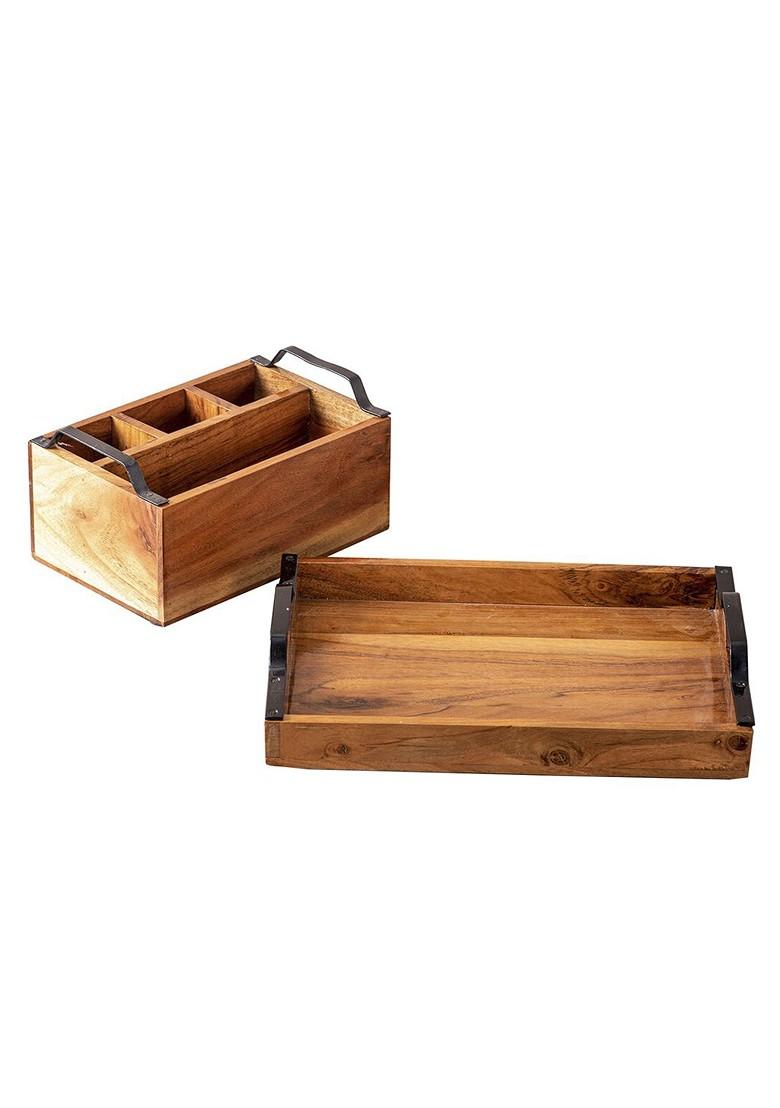Brown 2 Pcs Wooden Serving Tray And Cutlery Holder