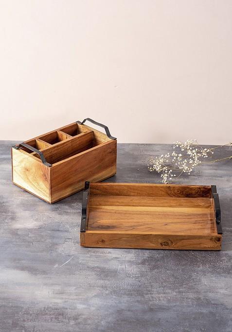 Brown 2 Pcs Wooden Serving Tray And Cutlery Holder
