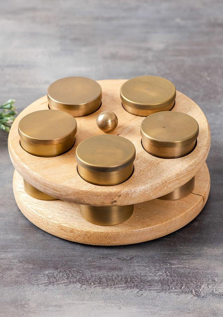 GoldToned And Brown 2Tier Spice Box With 5 Pcs Containers With Lids