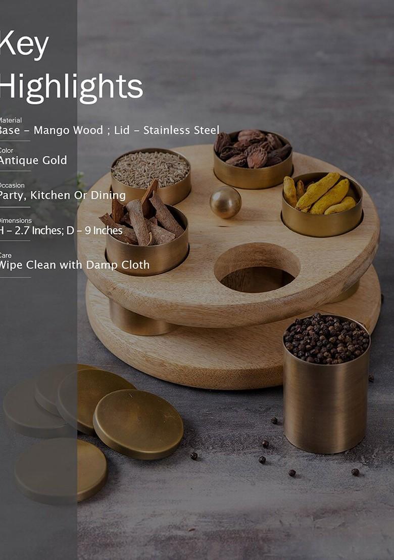 GoldToned And Brown 2Tier Spice Box With 5 Pcs Containers With Lids