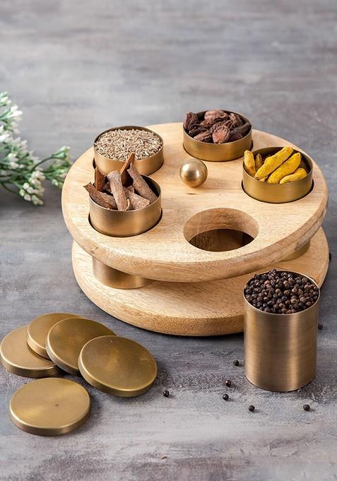 GoldToned And Brown 2Tier Spice Box With 5 Pcs Containers With Lids