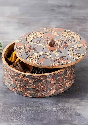 Grey And Cream Paisley Printed Spice Box With 7 Pcs Containers And Lid