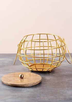 GoldToned And Brown Textured Fruit And Vegetable Basket With Lid