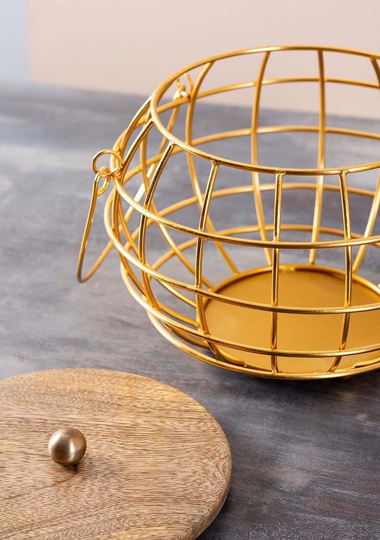 GoldToned And Brown Textured Fruit And Vegetable Basket With Lid