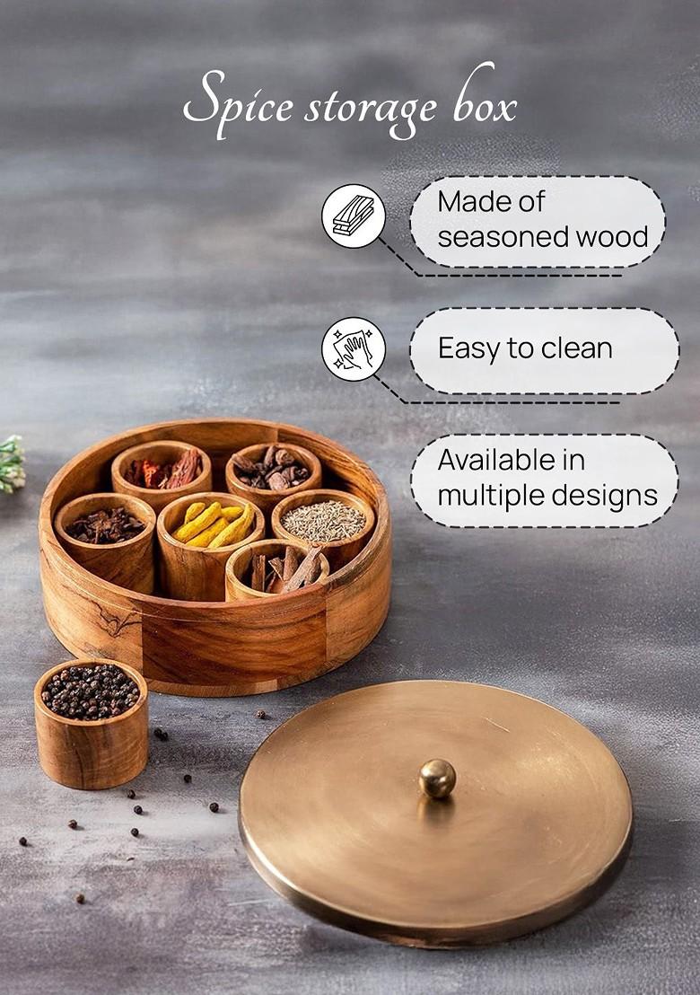 GoldToned And Brown Textured Wooden Spice Box With 7 Pcs Containers And Lid