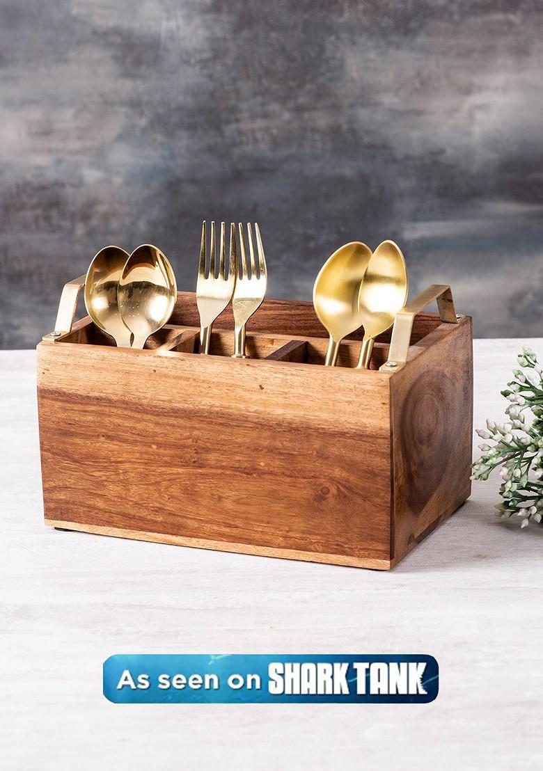 Brown Solid Wooden Cutlery Holder