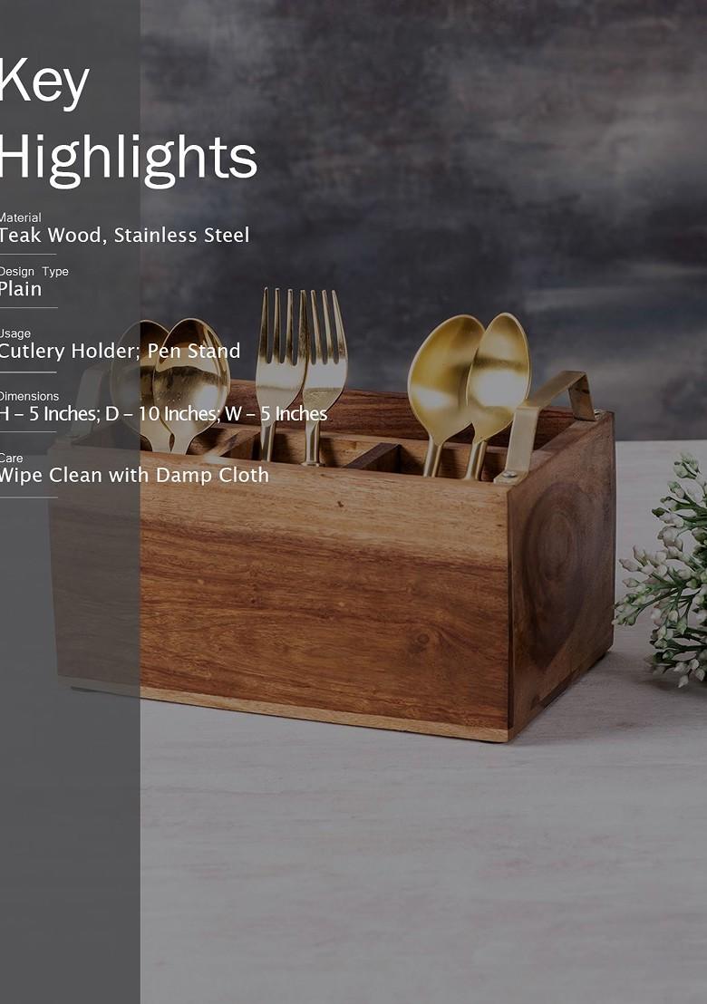 Brown Solid Wooden Cutlery Holder