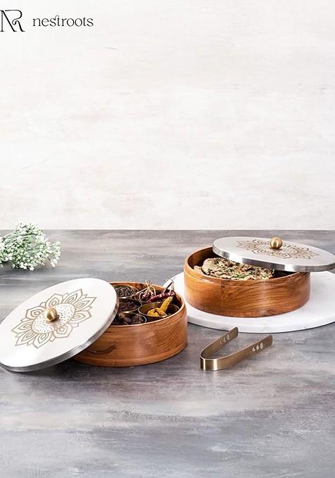 Nestroots Pcs Of 2 Wooden Spice Masala Box And Casserole Chapati Serving Box