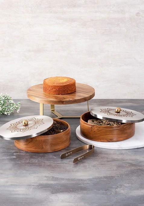 Nestroots Brown And SilverToned Pcs Of 3 Wooden Storage Box And Stand