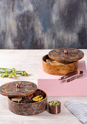Grey And Brown Wooden Spice Masala Box And Casserole Chapati Box Set Of 2