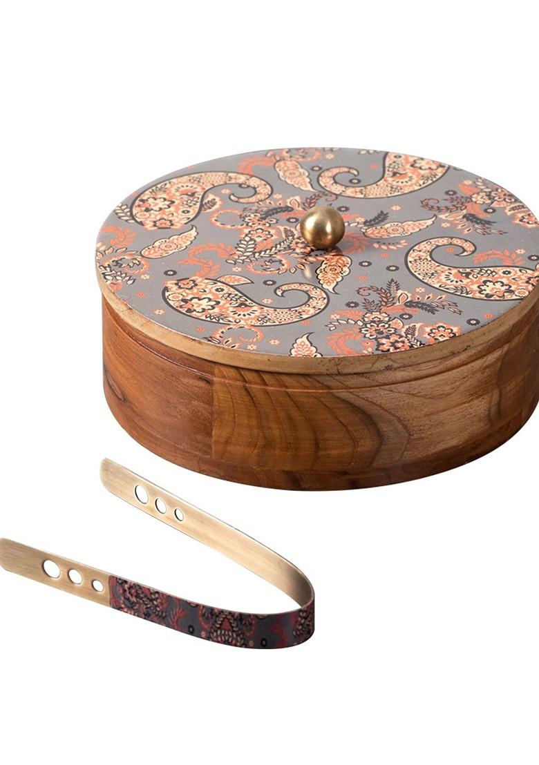 Grey And Brown Wooden Spice Masala Box And Casserole Chapati Box Set Of 2