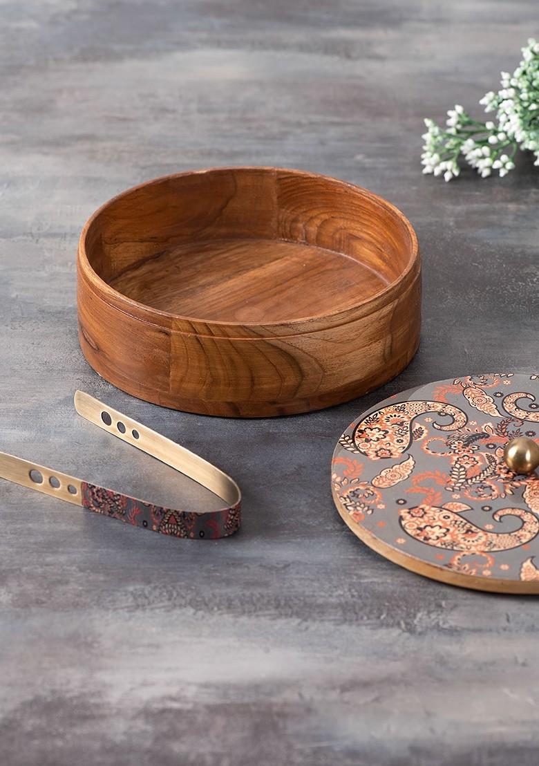 Grey And Brown Wooden Spice Masala Box And Casserole Chapati Box Set Of 2