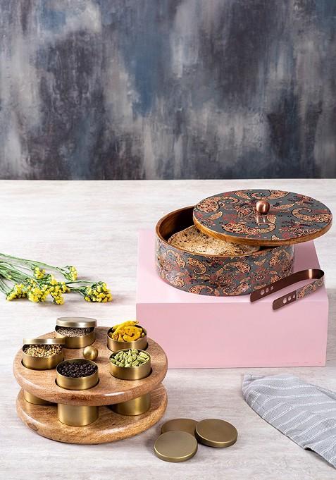 Set Of 2 Brown Wooden Spice Masala Box And Casserole Chapati Box