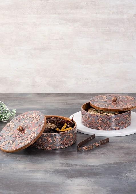 Grey And Brown Wooden Spice Masala Box And Casserole Chapati Box