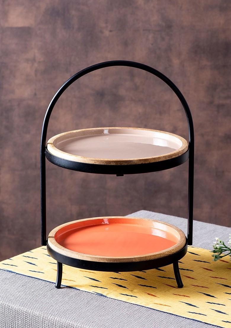 Black And Beige Solid 2Tier Iron Dessert Serveware