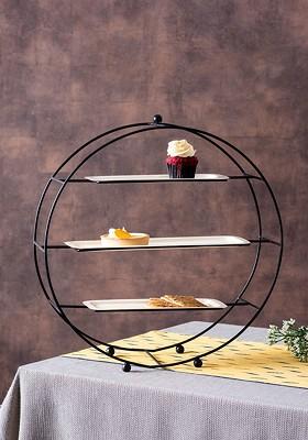 Black Glossy Round 3Tier Cast Iron Dessert Serveware With Trays