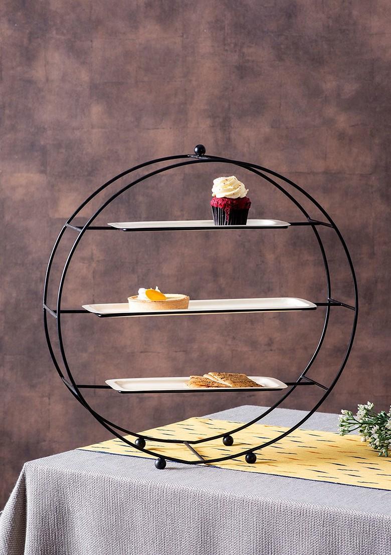 Black Glossy Round 3Tier Cast Iron Dessert Serveware With Trays