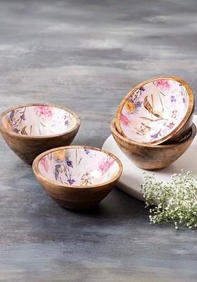 Set Of 4 Brown And White Printed Decorative Bowls