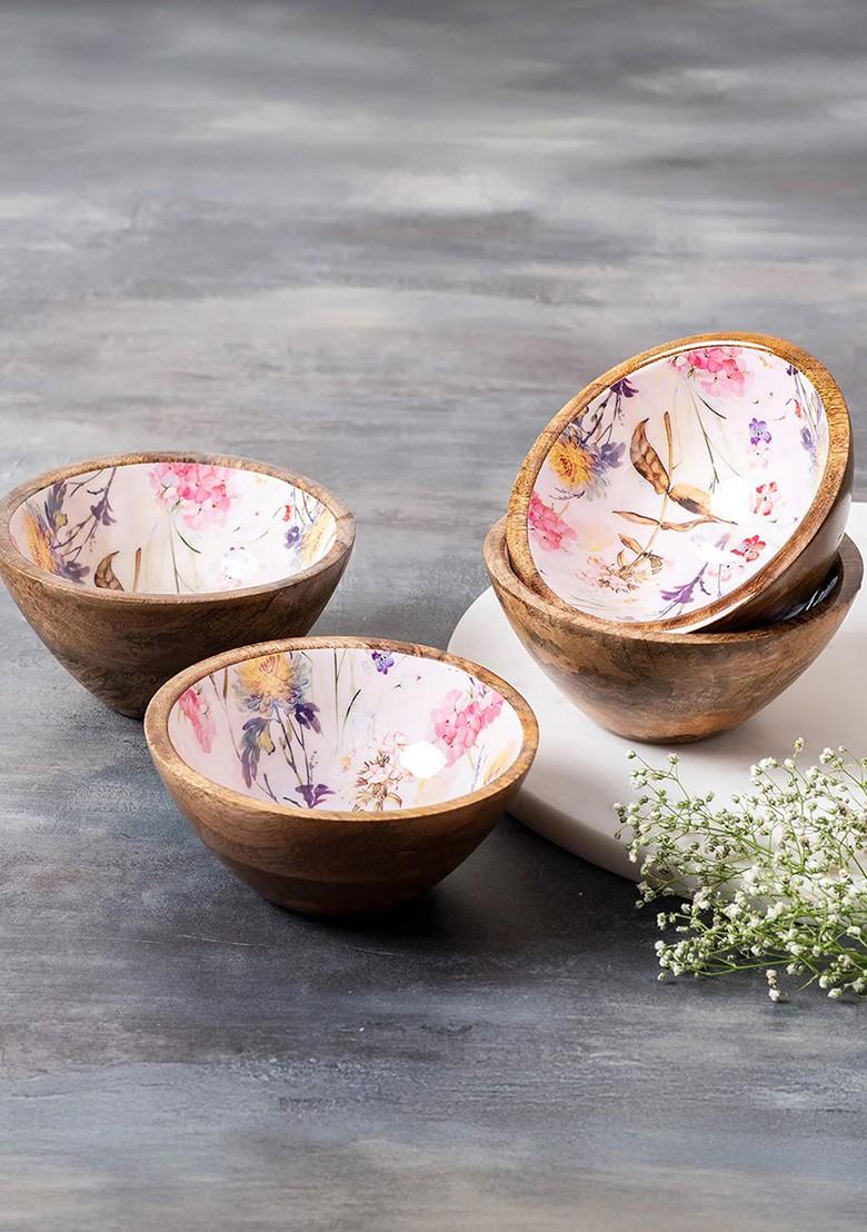 Set Of 4 Brown And White Printed Decorative Bowls