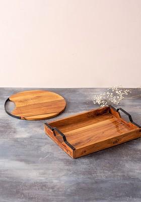 Brown Set Of 2 Wooden Serving Tray And Serving Platter