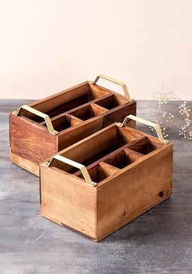 Brown Set Of 2 Wooden Spoon Stand Cutlery Holder