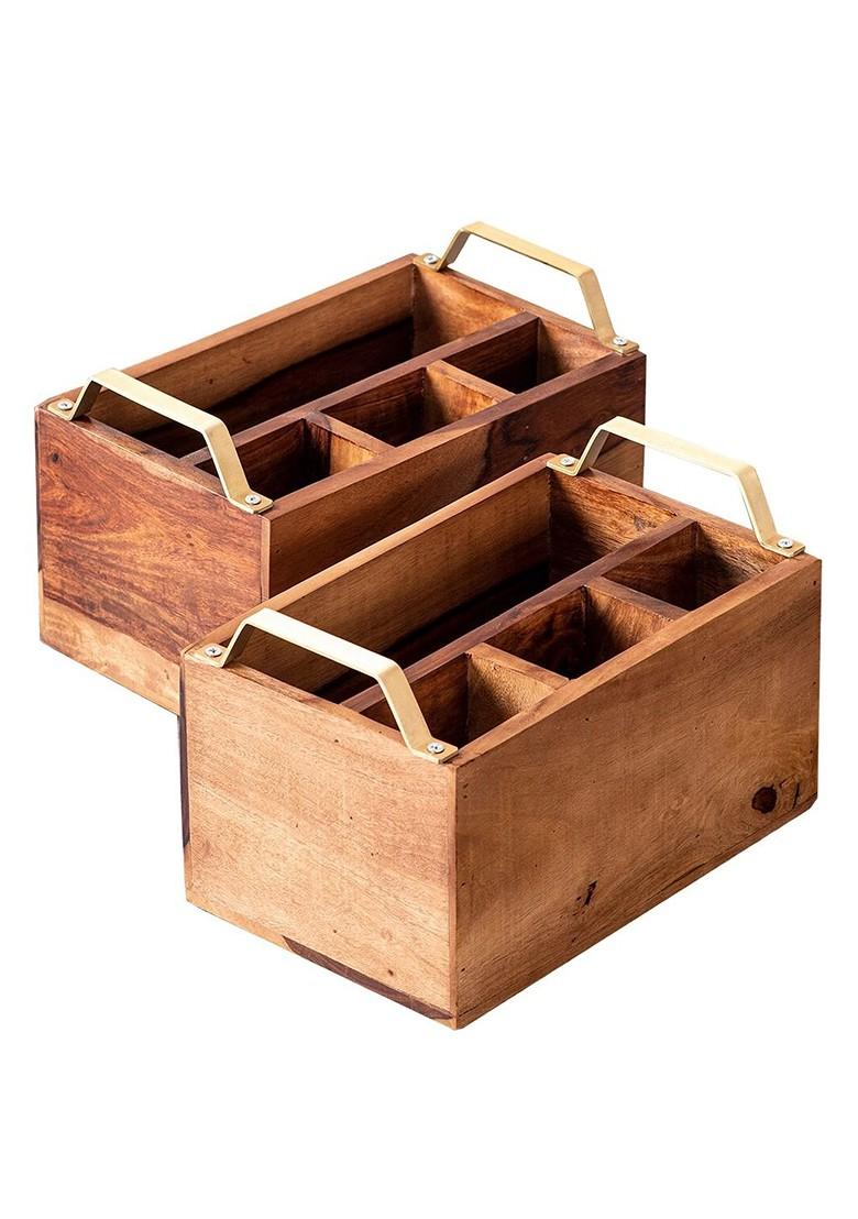 Brown Set Of 2 Wooden Spoon Stand Cutlery Holder