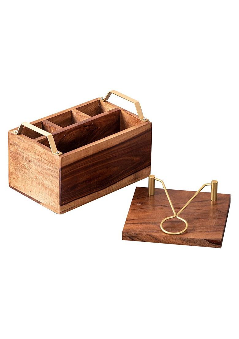 Brown Wooden Spoon Stand And Napkin Holder Comnbo