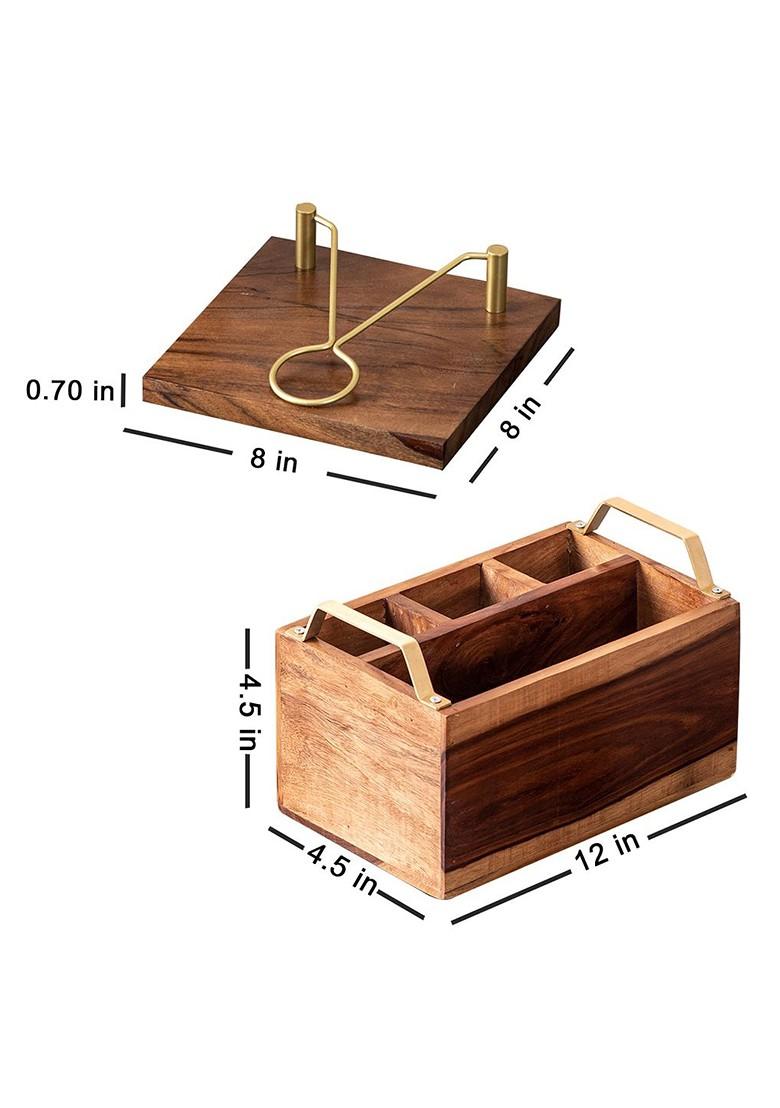 Brown Wooden Spoon Stand And Napkin Holder Comnbo