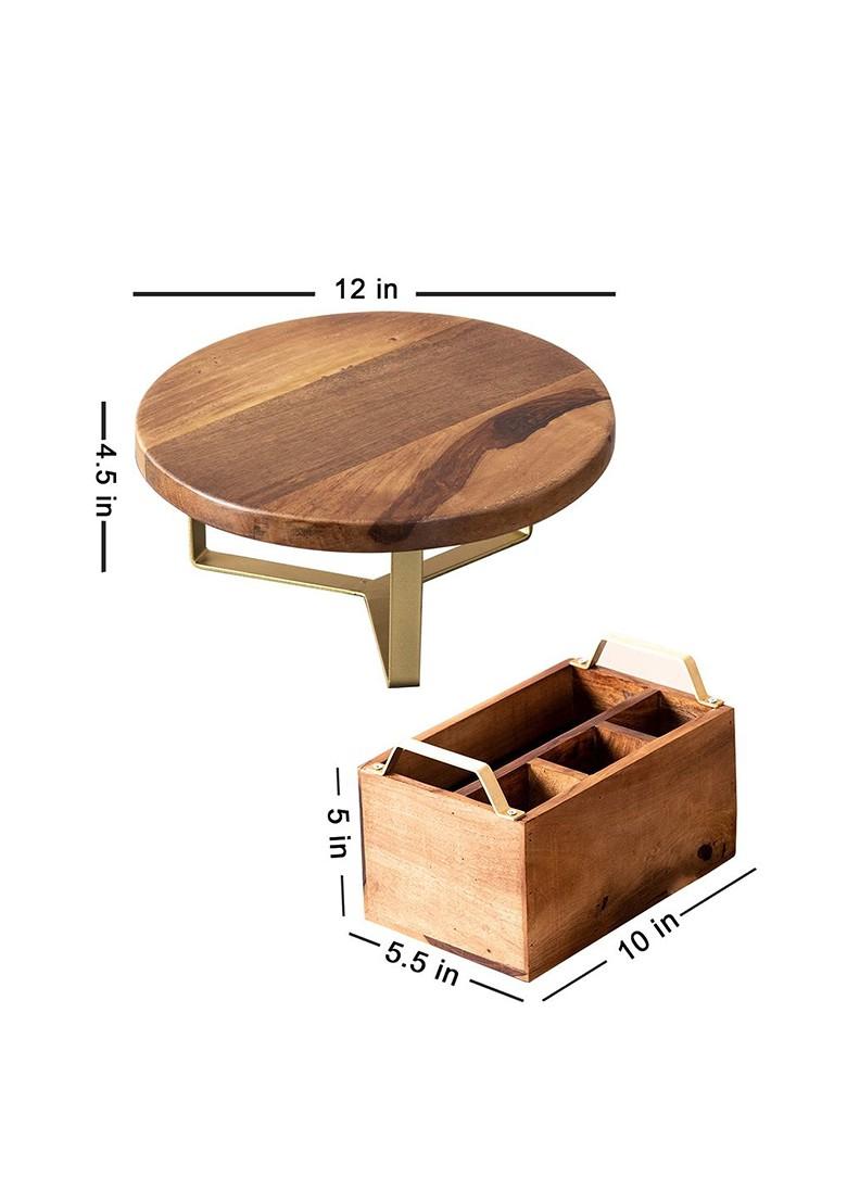 Set Of 2 Brown Wooden Spoon Stand And Cake Stand