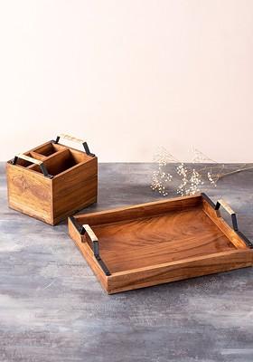Brown Wooden Serving Tray And Cutlery Holder Combo
