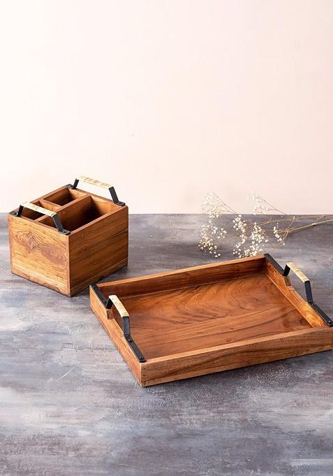 Brown Wooden Serving Tray And Cutlery Holder Combo