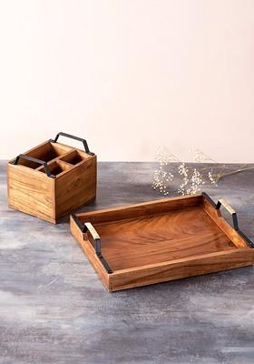 Set Of 2 Brown Wooden Serving Tray And Spoon Stand