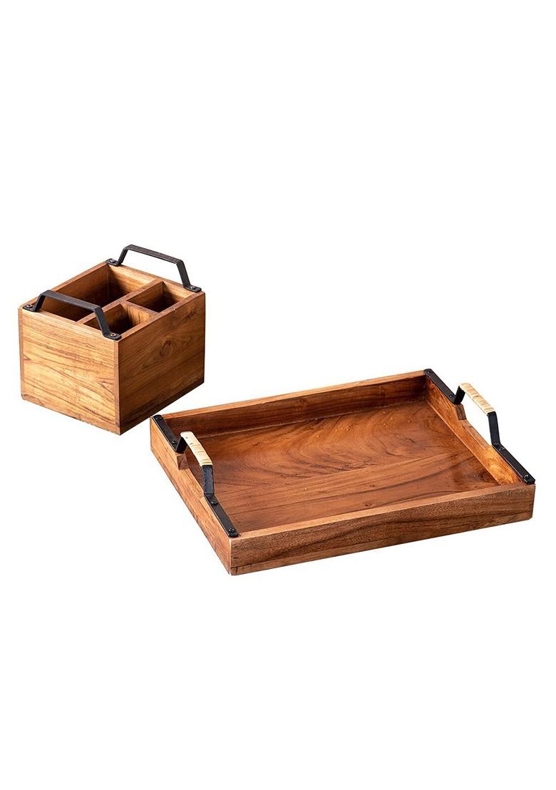 Set Of 2 Brown Wooden Serving Tray And Spoon Stand