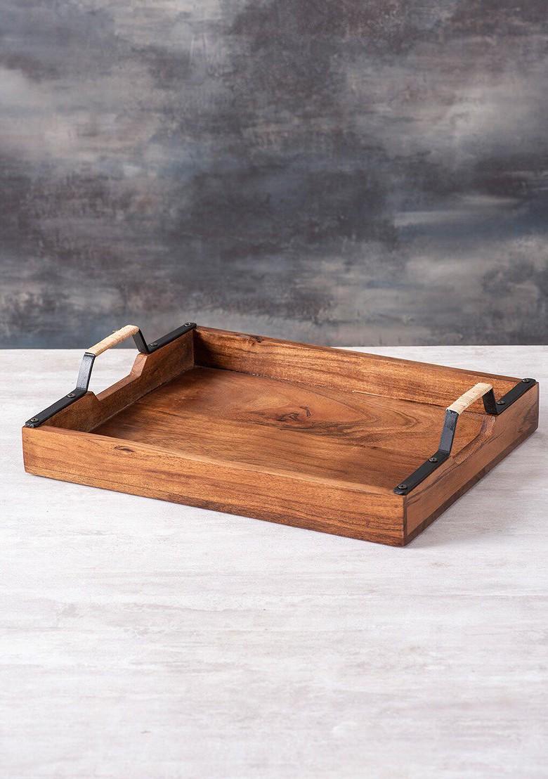 Set Of 2 Brown Wooden Serving Tray And Spoon Stand