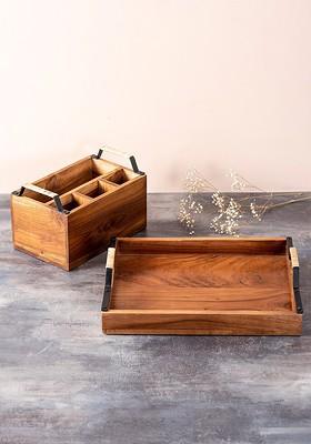 Brown Wooden Serving Tray And Cutlery Holder Combo