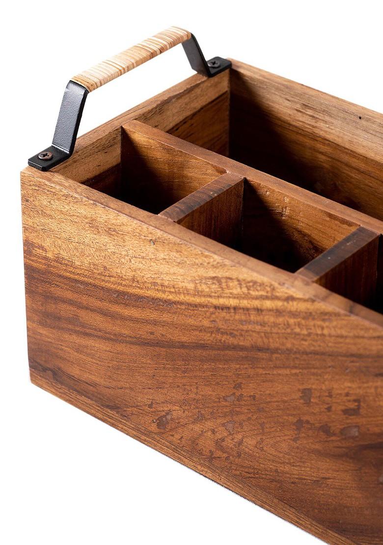 Brown Wooden Serving Tray And Cutlery Holder Combo