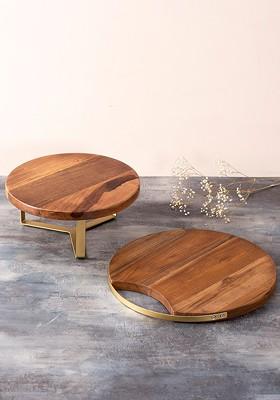 Brown Set Of 2 Wooden Serving Platter And Cake Stand